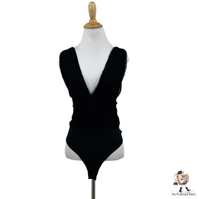 Zara Plumetis Bodysuit Womens S Small Black Contrast Dot Mesh Sleeveless Deep V