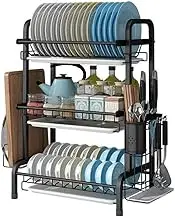 BXFGJCHH, 3-Tier Dish Drainer with Drip Tray, Spice Rack Stainless Steel Drain Storage Rack Kitchen Organizer Shelf with Drain Board, Utensils Holder/Silver ，Cutlery Drainer Rack(Black)