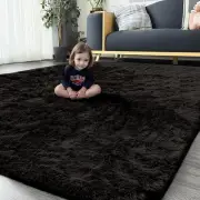 Area Rugs for Bedroom Living Room, 4X6 Ft Black Fluffy Washable Rug, Modern Shag