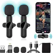 Wireless Lavalier Microphone for iPhone/iPad/Android/Camera, Mini Mic Wireless Microphone Lapel Microphones Portable, Clip on Mics with Noise Reduction for Video Recording, Vlog, YouTube, TikTok