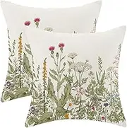 AEIOAE Sage Green Pillow Covers 20x20 Inch Set of 2, Spring Wildflower Plant Throw Pillows Case,Seasonal Floral Outdoor Decorative Flowers Farmhouse Decor Cushion Covers for Home Sofa Bed Couch