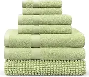 LINENOVA 7-Piece Bath Towel & Chenille Bath Mat Set – 100% Combed Cotton, 550GSM Soft, Absorbent & Quick-Dry Towels and Rugs for Daily Bathroom Use – Pea-Pod