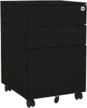 Durable Black Mobile File Cabinet, 39x45x60 cm, Steel Construction with 3 Lockable Drawers, Ideal for Office Storage, Accommodates Letter, A4, & Legal Size Documents