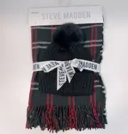 Steve Madden Scarf Hat Set Black Hat With Pom Plaid Scarf w/ Black Red White New