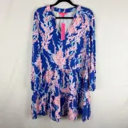 Lilly Pulitzer Tiered Traci Long Sleeve Dress Borealis Blue Swim on Over Size L