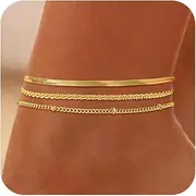 [Cuzmly] Anklets for Women,Waterproof 14K Gold/Sterling Silver Plated Ankle Bracelets for Women Layered Cuban Herringbone Chain Anklet Bracelet Set Beach Jewelry