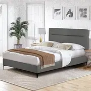 Familand Queen Bed Frame with Headboard, Linen Upholstered Bed Frame Queen Size with Wood Slats Support, No Box Spring Needed, Heavy Duty Feet, Wooden Slats Support, Max Capacity 300kg, Grey