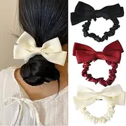 Bowknot Hair Scrunchies Silk Bow Hair Ties Elastic for Women Girls Ribbon Hair Bow Ropes Ponytail Holder for Women Scrunchy Hair Bobbles for Thick Long Hair 3 Pcs