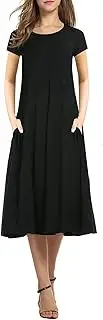 [Necooer] Women's Casual Loose Plain Pleated Long Dress Short Sleeve Midi Dresses