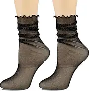 [bropapa] 1Pack Women's Sheer Glitter Socks Ruffle Frilly Metallic Sparkle Shiny Slouch Socks Soft Tulle Fashion Party Girls Gift, Black