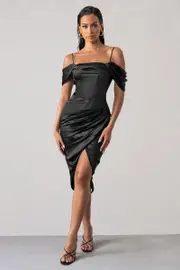 Deserving | Black Satin Bardot Sleeve Corset Wrap Midi Dress