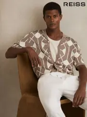 Reiss Taupe Brown Terrazzo Geometric Embroidery Knit Shirt (AN6311) | $280