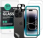 Ibywind Screen Protector Compatible with iPhone 14 Pro 6.1 inch, with Camera Protective Film (Metal Material), Carbon Fibre Skin for The Back, Includes Easy Install Kit (Centre Frame)