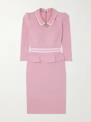 [Jenny Packham] Jenny Packham - Honeybee Grosgrain-trimmed Crystal-embellished Crepe Peplum Midi Dress - Pink - UK 4 UK 4 Pink