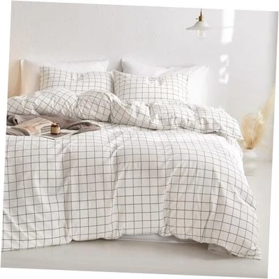 - Grid Cotton Duvet Cover Set, Plaid Checkered Geometric Queen White