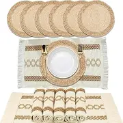 12 Piece Woven Straw Boho Placemats Set of 6 -Round Place mats Natural Cotton Burlap and Water Straw Woven Combination Table Mats, Décor and Farmhouse Style Placemats, for Dining Table Kitchen