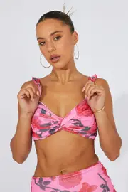 Multi Floral Bralette Crop Top Ruffle Shoulder Gathered - Size 14, Women's Crop Top