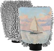 XYMZR Absorbent Microfiber Car Wash Mitt Sailboat Ship Sea, Funny Cute Anime Scratch Free for Cars Cleaning, Home Cleaning Mitts, 2 Pack, 10.24” L x 7.09” W