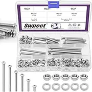 Swpeet 34Pcs M6×10/30/50/60/70/80mm 304 Stainless Steel Fully Thread Phillips Pan Head Machine Screws with Metric Screws Flat Washers Nuts Assortment Kit, Perfect for Cabinet Drawer Knob Pull Handle