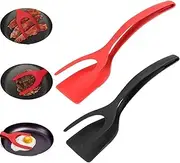 2 Pcs Egg Flipper Spatula, 2 in 1 Grip and Flip Spatula Tongs Egg Flipper Tong, Egg Flipper, Silicone Spatula Tong Grill Clamp for Kitchen Cooking Baking （ 1 Black Tongs and 1 Red Tong）