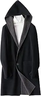 [Gsywaipei] Men's Hooded Wool Blend Overcoat Classic Overcoats Slim Fit Business Coats Winter Long Single Breasted Trench Coat, Black, Large