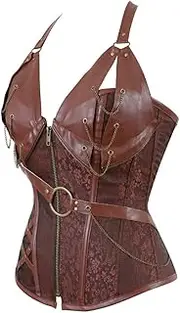 [Hengzhifeng] Corsets and Bustiers for Women Boned Steampunk Faux Leather Halter Clubwear Top