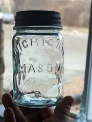 ***AWESOME*** Vintage MICHIGAN MASON Aqua Blue Pint Fruit Canning Jar