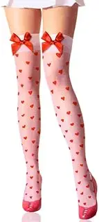 [Nunubee] Women's Sexy Thigh High Stockings Red Bowknots & Heart Dots