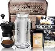 Cold Brew Coffee Maker Starter Kit - Half Gal Mason Jar, Stainless Filter Basket, Ceramic Burr Grinder, Half Pound Certified Organic Whole Bean Cold Brew Blend, and Recipe & Instruction Book