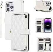 for iPhone 15 Full Cover Zippered Case, Wrist Strap Crossbody Shoulder Strap 9+ Card Slot Zippered Wallet, Luxury PU Leather Stand Case for iPhone 15 (White)