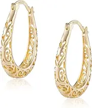 [ALEXCRAFT] 925 Sterling Silver Post Filigree Hoop Earrings for Women Hollow Oval Hoop Earrings Hypoallergenic U Shaped Hoops Earring for Jewelry Gifts