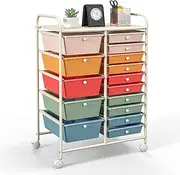 Giantex 15-Drawer Rolling Storage Cart, Mobile Utility Cart w/Colorful Drawers & Metal Frame, Art Craft Organizer w/Lockable Wheels, Drawer Cart for Home, Office (Multicolored)