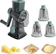 Rotary Cheese Grater with Strong Suction Base,Grater for Kitchen with 3 Replaceable Stainless Steel Blades,Vegetable Slicer,Kitchen Manual Cheese Shredder for Cheese Potato Chocolat Carrot(Grey)