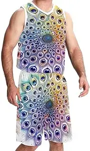 [KQNZT] Basketball Jersey for Men, Outfit Tank Top Track Shorts, Mens Basketball Jerseys, Rainbow Peacock Feather Mandala