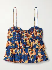 [Ulla Johnson] Ulla Johnson - Lucia Ruffled Embellished Printed Cotton-poplin Top - Blue - US8 US 8 Blue