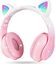 Bluetooth Cat Ear Headphones, Foldable Ear LED Light Child Wireless Headphones with Microphone and LED Light for Child, Compatible with Mobile Phones PC Tablet (Pink)