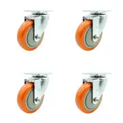 4 Inch SS Orange Polyurethane Wheel Swivel Top Plate Caster Set Service Caster