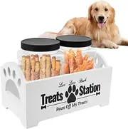 Dog Treat Container, Wood Dog Food Storage Container with 2 Plastic Jars, Airtight Wooden Dog Treat Storage With Lids for Pet Owners and Lovers (White)