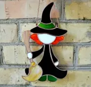 Witch with Broom Stained Glass Window Panel / Witchy Suncatcher