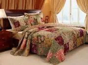 XXL OVER SIZED ANTIQUE GREEN PINK RED ROSE FLORAL PATCHWORK QUILT BEDSPREAD SET