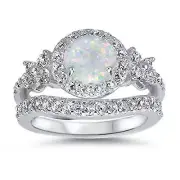 Vintage Halo Setting White Opal CZ Wedding Engagement Ring Set for Women