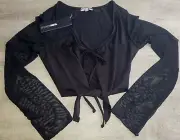 Fashion Nova Women's Black Khloe Tie Front Crop Top Mesh Sleeves Sz XS NWT