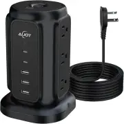 Flat Plug Power Strip Tower with 9 Outlets and 5 USB Ports (2 USB C), Surge Pro