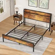 Advwin Bed Frame Double Size Mattress Base with Charging Station and USB Ports Industrial Storage Headboard