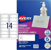 Avery Crystal Clear A4 Address Labels for Laser Printers - Printable Packaging & Shipping Labels - Transparent Mailing Stickers - 99.1 x 38.1 mm, 350 Labels / 25 Sheets (959051 / L7563)