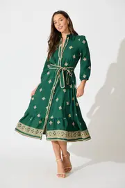 Nahla Midi Shirt Dress 3/4 Sleeve in Green Emerald with Cream Embroidery 8