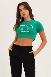 Green Short Sleeve Embroidered Graphic Baby Tee - Size S, Women's Graphic Tee