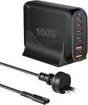 6-Port 160W USB C Charging Station, GaN Desktop USB C Charger Block Compatible with MacBook Pro/Air, iPad Pro/Air, iPhone 16/15/14 Pro Max, Galaxy 24/23
