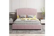 Camelia Double Size Bed Frame | Pink Velvet Upholstery | High Headboard | Quality Slats | Metal Structure