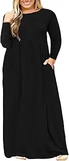 [Nemidor] Women Long Sleeve Loose Plain Casual Plus Size Long Maxi Dress with Pockets (26, Black+Sleeve)
